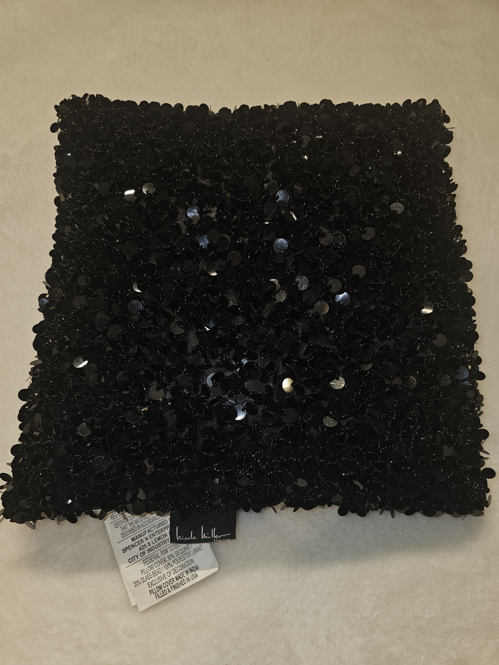 Nicole Miller Black Sequin Decorative Throw Pillow 14" X 14"